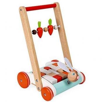 Janod - Janod Carro de Conejo - Carro de Madera para aprender a caminar - Cabeza de Conejo empotrada, Zanahorias sobre Ábaco - Con 19 Cubos de Madera - Juguetes para Niños a partir de 1 año, J08251
