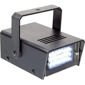 BeamZ Mini Estrobo led 10W con 24 leds de 5 mm blancos de alta intensidad, ajuste de velocidad, carcasa negra, accesorio tipo discoteca sin controlador externo, perfecto para pequeñas fiestas.