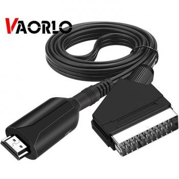 Adaptador Convertidor HDMI a SCART Compatible con Salida de Audio y Video para HDTV, DVD y Sky Box - Plug and Play - Cable DC HDMI-SCART Negro