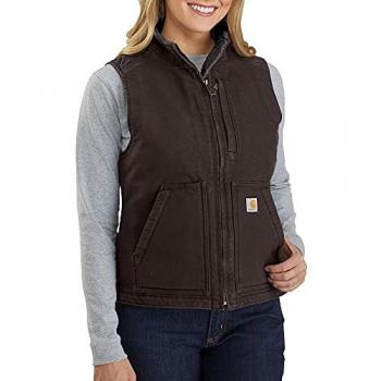 Carhartt Chaleco Sherpa Lined Mock Neck para dama - Marrón oscuro, tamaño XS, en lona de algodón con efecto desgastado, cuello perkins y ajuste relajado