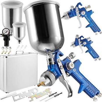 Tectake - Set de 3 pistolas de pintar HVLP (0,8mm, 1,3mm y 1,7mm) con maletín | Pistolas con difusores de acero | Incluye regulador