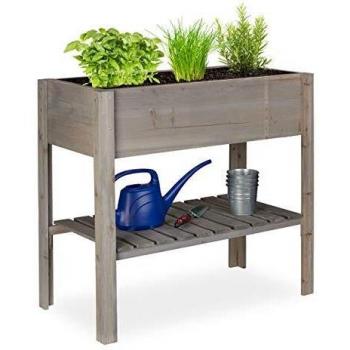 Huerto Urbano de Madera con Estante, Macetero Rectangular 80 x 88 x 43,5 cm, Gris - Relaxdays