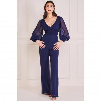 Goddiva Chiffon Puffy Sleeve Jumpsuit - Navy