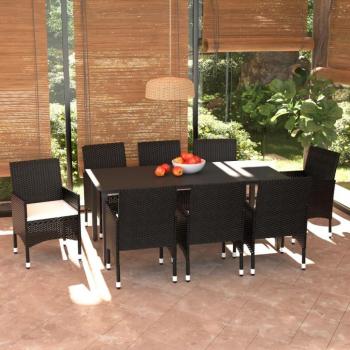 Set de comedor de jardín 9 piezas con cojines en ratán sintético negro