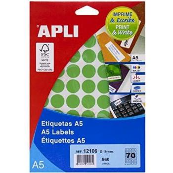 APLI 12106 - Etiquetas A5 verdes Ø 19,0 mm 8 hojas