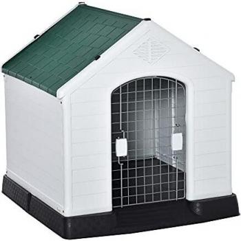 Pawhut Caseta de Perro Casa para Perros Medianos con Puerta Metálica con Cerradura Techo Inclinado Base Elevada para Interior Exterior 78x87x81 cm Blanco y Verde