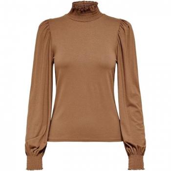 Camiseta Only Elva marrón cuello alto manga larga para mujer, smock, color toasted coconut