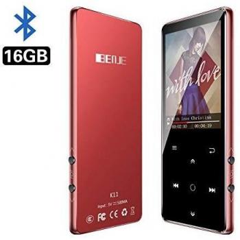 MP3 BENJIE 16GB Reproductor de MP3, MP3 Bluetooth HiFi sin pérdida de Sonido, FM Radio, Grabadora de Voz con Auriculares, Reproductor de Video Botón Táctil Altavoz de Música, Admite hasta 128 GB