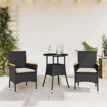 Set de comedor de jardín 3 piezas con cojines y mesa de vidrio en ratán sintético negro