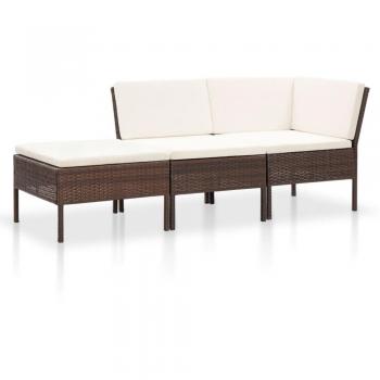 3-Piece Brown Poly Rattan Garden Lounge Set with Cushions