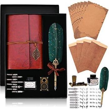 Cieex Conjunto de Pluma de Plumaje con Cuader de Cuero, Pluma de Inmersion Pluma Escritura, Puntas, Tinta, Soporte Bolígrafos, Sobres, papeles, Mejor Regalo para Amantes de Artículos Retro
