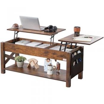 Mesa de Centro Elevable Rectangular 1200 x 500 x 500 mm con Bolsillos de Almacenamiento Adicionales y Capacidad de 50 kg, Marrón