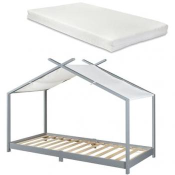 Cama infantil Brome forma casita con colchón 90x200 cm madera de pino gris y blanco