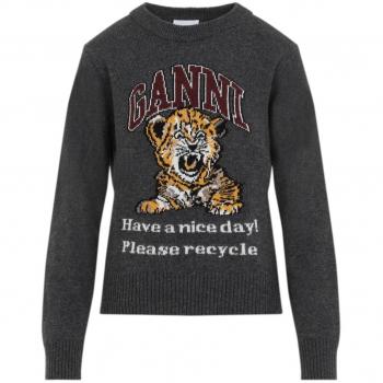 Ganni Women's Grey Graphic Tiger Wool Crewneck Sweater Size S