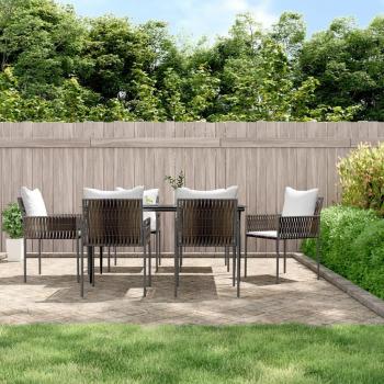 7-Piece Garden Dining Set with Cushions in Poly Rattan and Steel