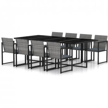 9-Piece Grey Poly Rattan Outdoor Dining Set with Cushions