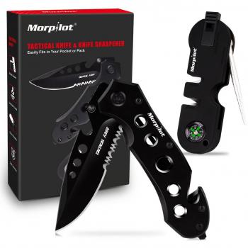 Navaja Plegable Táctica 5 en 1, con Afilador de Cuchillo 5 en 1, Hoja de Acero Inoxidable, con Silbato y Brújala, Morpilot Bloqueo de Empuje, Ergonómico para Actividad Supervivencia al Aire Libre