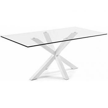 Kave Home - Mesa de Comedor Argo Rectangular 200 x 100 cm de Cristal y Patas de Acero en Blanco