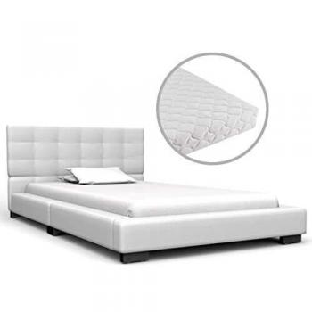 vidaXL Cama con Colchón Cuero Sintético Mobiliario Dormitorio Cuarto de Dormir Descanso Accesorio Decoración Resistente Duradero Blanco 90x200cm