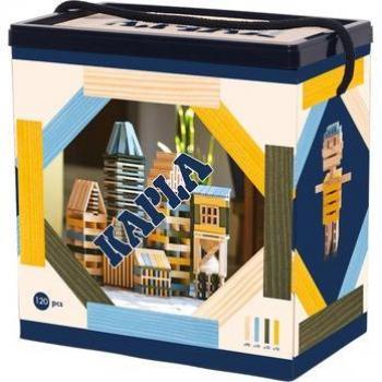 KAPLA Caja de Construcción de Madera con 120 Bloques de Colores (Celeste, Amarillo, Verde)