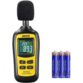 URCERI Medidor de Sonido, Decibelímetro, 35-135 dB, Datos Máximos/Mínimos / Retención, Medidor de temperatura y pantalla LCD, Incluida la batería