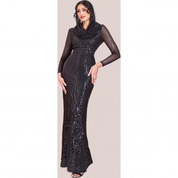Goddiva Black Sequin Wrap Maxi Dress - Modest Style