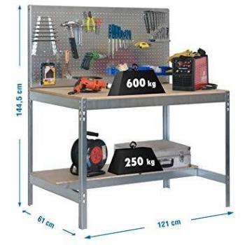 SimonRack Banco de Trabajo Taller BT2 1200 - Resistente Mesa de Trabajo con Capacidad de Carga de 600 kg, Medidas 1445x1210x610 mm
