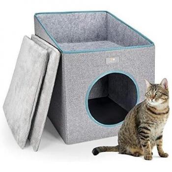 Puppy Kitty Casa Plegable para Gatos con Terraza, Cueva para Gatos y Perros con Cojín Interior Supersuave para Gatos y Cachorros, 37 x 36 x 49 cm, Gris