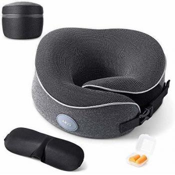 AEVO Almohada de Viaje de Espuma de Memoria, Cómoda y Transpirable, Apta para Lavador, con Antifaz Tapones Oídos y Bolsa de Viaje, Soporte 360 Grados para Cabez, Ideal para Avión Coche y Viajes, Gris