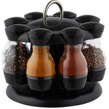Organizador de Especias Rotativo 360° con 8 Recipientes de Plástico, HxD 17x19 cm, Negro/Transparente