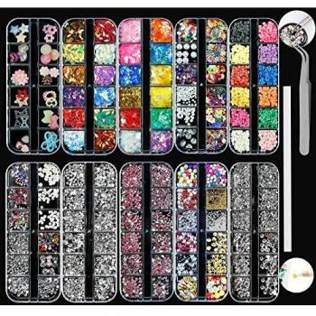 10 Cajas Kit de decoración de uñas Nail Art rhinestone Multi Design Accesorios y Coloridas Caballo Ojo Rhinestones Metal Studs para Uñas DIY Decoración Gemas y 1 pc Pinzas con 1 Ceras Pluma de Punto