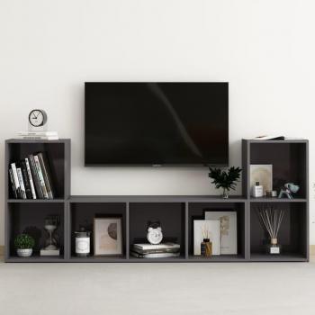vidaXL Juego de muebles de salón 3 piezas en madera de ingeniería y aglomerado gris brillante, incluye mueble para TV, mesa de TV y mueble televisor