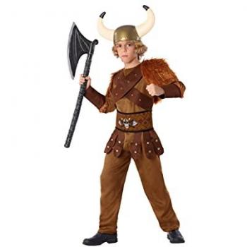Disfraz de Vikingo Marrón para Niño Atosa, talla 10 a 12 años, incluye casco, túnica y cinturón