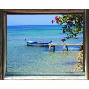 Sticker Decorativo 3D Efecto Vista al Mar Turquesa con Bote de Madera, 60x75cm