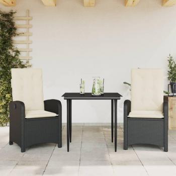 3-Piece Black Poly Rattan Garden Dining Set with Cushions