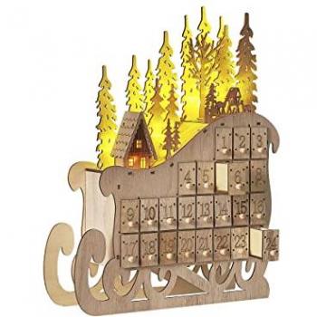 Calendario de Adviento Escandinavo en Madera de Álamo con Luces LED y Diseño de Trineo Beliani
