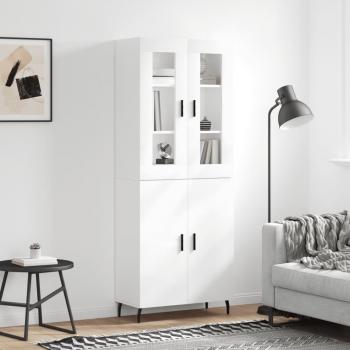 Aparador alto de madera contrachapada blanco brillo 69,5x34x180 cm con 2 puertas, mueble de almacenaje para salón, buffet y armario auxiliar