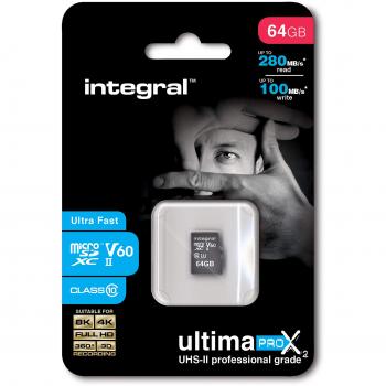 Tarjeta de memoria microSDXC 64GB UHS-II V60 con adaptador SD, 280-100MB/s