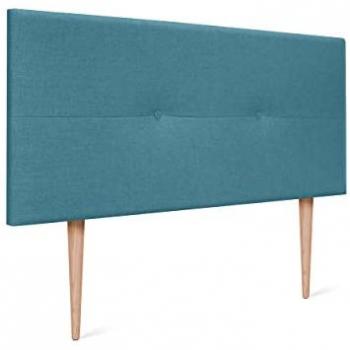 Cabecero de Lino Natural con Botones y Patas de Madera Cabezal Tapizado Cama Dormitorio Moderno TOP TRENDING (Lino Turquesa, 110x105cm)