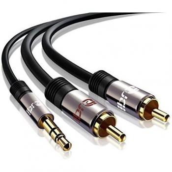 IBRA® 1m - Cable 3.5mm de Audio Estéreo Macho a 2 RCA Macho con Conector Pequeño de Metal | para iPhone6,5S,5, 4S y 4, iPod, iPhone y Samsung | 1 Metros / Gun Metal