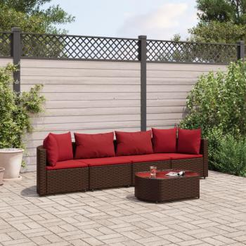 vidaXL 5-Piece Brown Poly Rattan Garden Sofa Set with Cushions