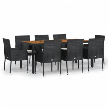 9-Piece Black Poly Rattan Garden Dining Set with Cushions