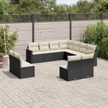 11-Piece Black Poly Rattan Garden Sofa Set with Cushions