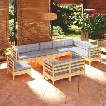 11-Piece Solid Pinewood Garden Lounge Set with Gray Cushions