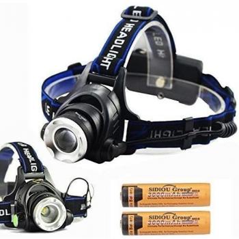 Sidiou Group Cabezal de la antorcha 1800Lm del CREE XM-L T6 10W Foco LED linterna del faro delantero de la lámpara de la lámpara que acampa yendo de luz con 2 X 3.7V 3000mAh 18650 batería recargable y cargador de batería