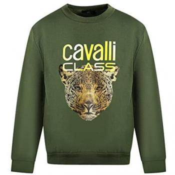Roberto Cavalli Class Leopard Print Olive Cotton Pullover Sweatshirt - Size XL