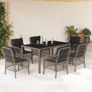 7-Piece Grey Poly Rattan Garden Dining Set with Cushions