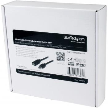 StarTech.com USB2AAEXT15M - Cable alargador USB 2.0 Hi Speed Activo Amplificado, Macho a Hembra USB A, 15 m, Negro