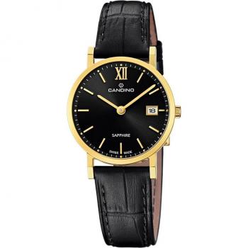 Reloj Candino C4727/3 Couple para Mujer, Caja de Acero Inoxidable 316L Dorado, Correa de Piel Negra