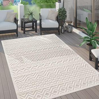Alfombra Outdoor Rectangular 200x280 cm, Color Crema, Diseño Escandinavo con Motivo de Rombos y Efecto Alto-Bajo, 14 mm de Altura